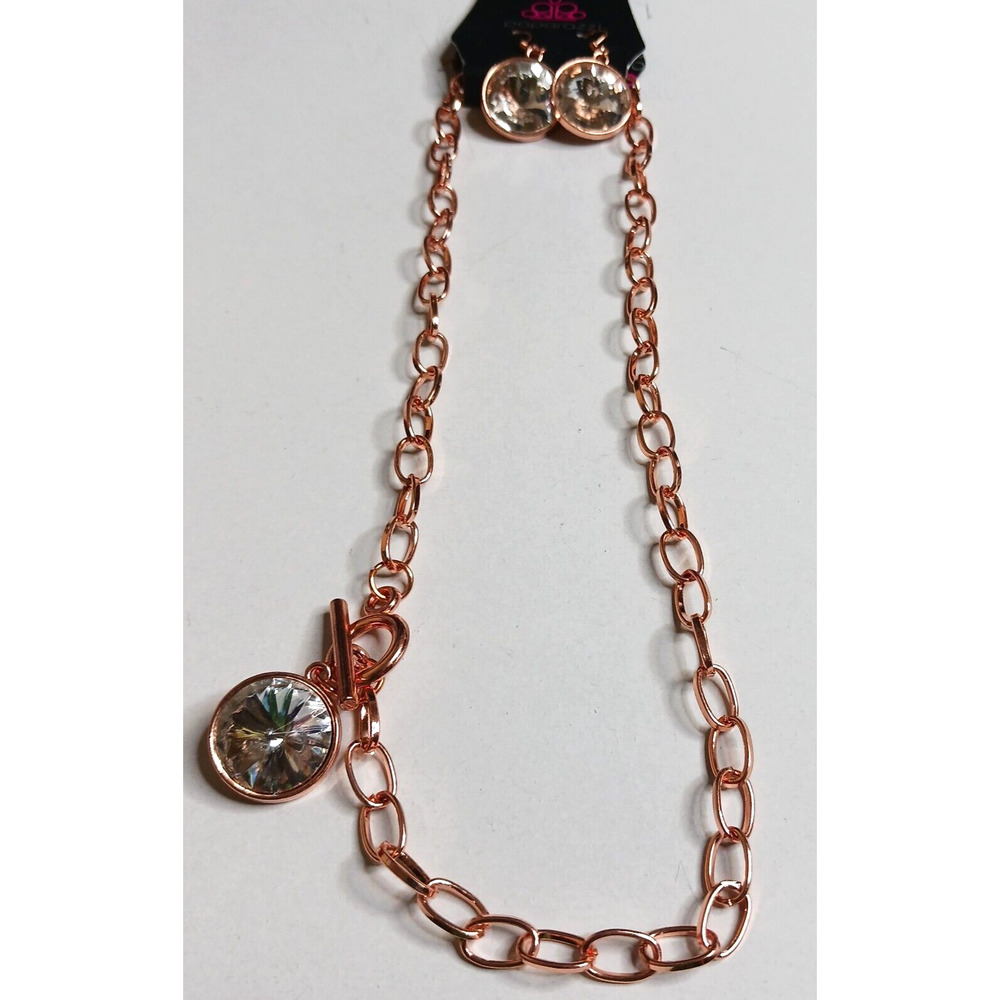 Rose Copper Tone Chain Round Crystal Pendant and Dangle Earring Set NWT